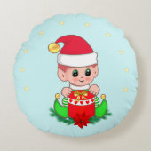 クリスマス小妖精や小人、ポインセチア&ライトブルーの星 ラウンドクッション (正面)