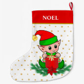 クリスマス小妖精や小人，星，ポインセチアと松 ラージクリスマスストッキング (裏面)