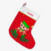 クリスマス小妖精や小人，星，ポインセチアと赤の松 ラージクリスマスストッキング (正面 (吊り時))