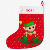 クリスマス小妖精や小人，星，ポインセチアと赤の松 ラージクリスマスストッキング (裏面)