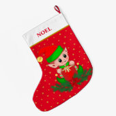 クリスマス小妖精や小人，星，ポインセチアと赤の松 ラージクリスマスストッキング (裏面 (吊り時))