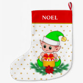 クリスマス小妖精や小人，星，ポインセチア&ホワイト上の松 ラージクリスマスストッキング (裏面)