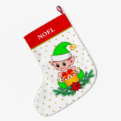 クリスマス小妖精や小人，星，ポインセチア&ホワイト上の松 ラージクリスマスストッキング (裏面 (吊り時))
