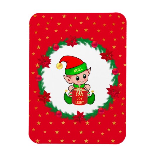 クリスマス小妖精や小人、松のリース、ポインセチア&スター マグネット (縦)