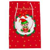 クリスマス小妖精や小人、松のリース、ポインセチア&スター ミディアムペーパーバッグ (正面)