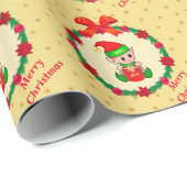 クリスマス小妖精や小人、松のリース、ポインセチア&スター ラッピングペーパー (ロールコーナー)