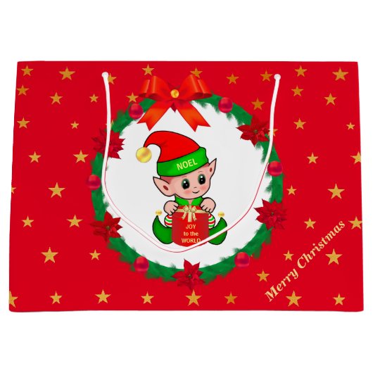 クリスマス小妖精や小人、松のリース、ポインセチア&スター ラージペーパーバッグ (正面)