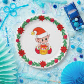 クリスマス小妖精や小人、松リース、ポインセチア&ボールP ペーパープレート (パーティー)