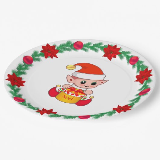 クリスマス小妖精や小人、松リース、ポインセチア&ボールP ペーパープレート (アングル)