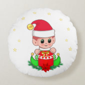 クリスマス小妖精や小人，松，ポインセチア&スター ラウンドクッション (正面)