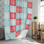 クリスマス市松模様にの雪片 シャワーカーテン
