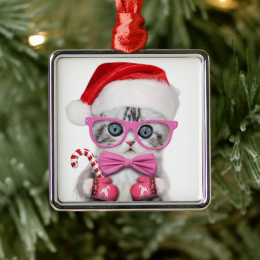 クリスマス帽の子猫 メタルオーナメント (ツリー)