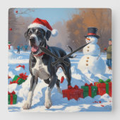 クリスマス帽をかぶったグレートデーンが雪の中を走る スクエア壁時計 (正面)