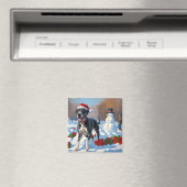 クリスマス帽をかぶったグレートデーンが雪の中を走る マグネット (インサイチュ (食洗機))