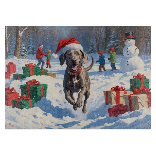 クリスマス帽をかぶったスノーでのワイマラナー カッティングボード (正面)