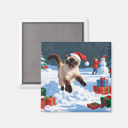 クリスマス帽をかぶった雪の中を走るシャム猫 マグネット (正面/裏面)