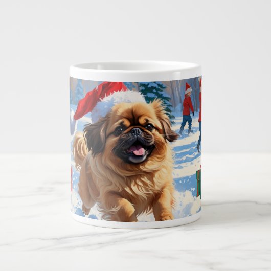 クリスマス帽を被った北京原産犬の雪中奔跑 ジャンボコーヒーマグカップ (正面)
