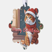 クリスマス帽子かわいいペットの動物とオレンジの猫 オーナメントカード (左)
