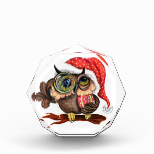 クリスマス帽子とギフトフォトブロックにかわいいフクロウ フォトブロック
