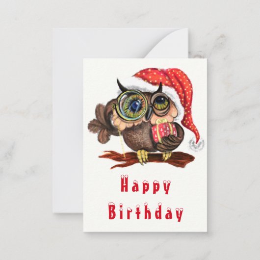 クリスマス帽子とプレゼントを身に着けたかわいいフクロウの誕生日カード ノートカード (裏面)