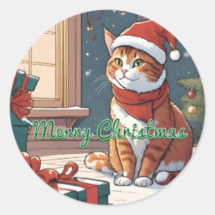 クリスマス帽子のかわいいオレンジ色の猫 ペット 動物 ラウンドシール