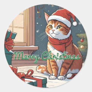 クリスマス帽子のかわいいオレンジ色の猫 ペット 動物 ラウンドシール