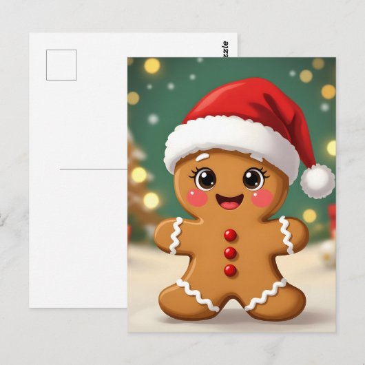 クリスマス帽子をかぶったかわいいジンジャーブレッドマン ポストカード (正面/裏面)