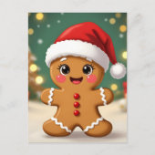 クリスマス帽子をかぶったかわいいジンジャーブレッドマン ポストカード (正面)