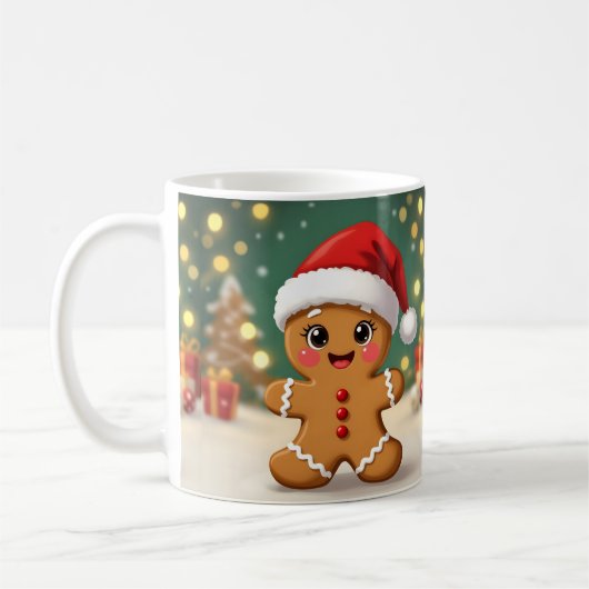 クリスマス帽子をかぶったかわいいジンジャーマン コーヒーマグカップ (左)