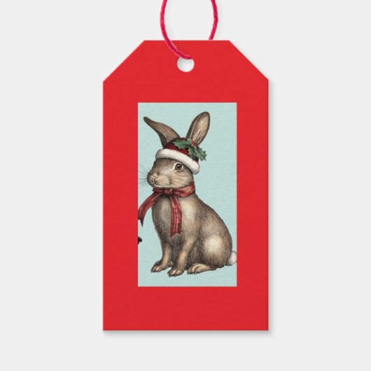 クリスマス帽子をかぶったウサギのギフトタグ ギフトタグ (正面)