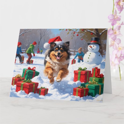 クリスマス帽子をかぶったケースホンドの雪中奔走 カード (蘭)