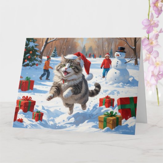 クリスマス帽子をかぶったシベリアンキャットが雪の中で走る カード (蘭)