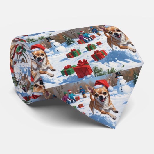 クリスマス帽子をかぶったチワワの雪遊び ネクタイ (ロール)
