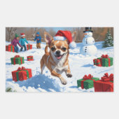 クリスマス帽子をかぶったチワワの雪遊び 長方形シール (正面)