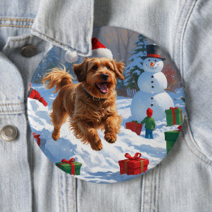 クリスマス帽子をかぶったハバニーズが雪の中を走る 缶バッジ