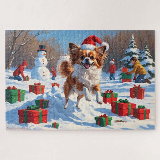 クリスマス帽子をかぶったパピヨンの犬が雪の中で走っている ジグソーパズル (横)