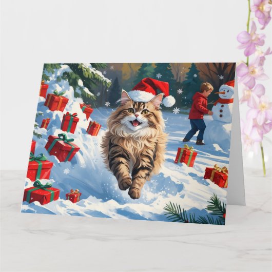 クリスマス帽子をかぶったペルシャ猫の雪上でのポーズ カード (蘭)