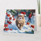 クリスマス帽子をかぶったペルシャ猫の雪上でのポーズ カード (正面)