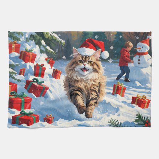 クリスマス帽子をかぶったペルシャ猫の雪上のポーズ キッチンタオル (横)