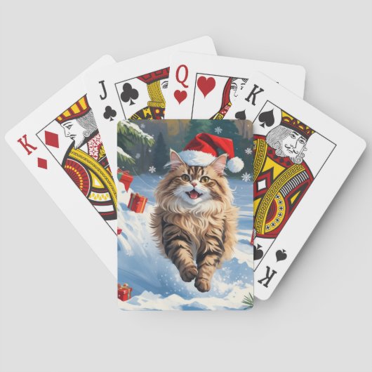 クリスマス帽子をかぶったペルシャ猫の雪上のポーズ トランプ (裏面)