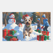 クリスマス帽子をかぶったワイヤーフォックステリアの雪の中のランニング 長方形シール (正面)