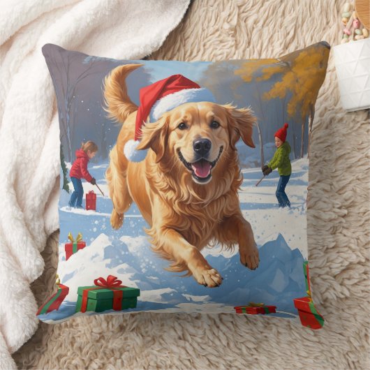 クリスマス帽子をかぶった雪の中のゴールデンレトリバー クッション (ブランケット)