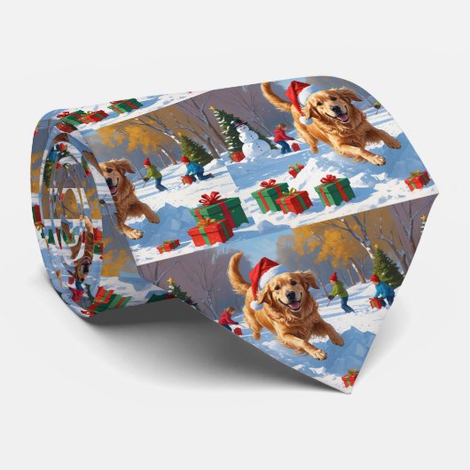 クリスマス帽子をかぶった雪の中のゴールデンレトリバー ネクタイ (ロール)