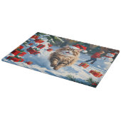 クリスマス帽子をかぶって雪に座るペルシャ猫 カッティングボード (角)