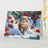 クリスマス帽子をかぶって雪に座るペルシャ猫 カード (黄色い花)