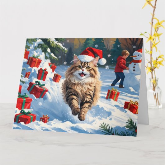 クリスマス帽子をかぶって雪に座るペルシャ猫 カード (黄色い花)