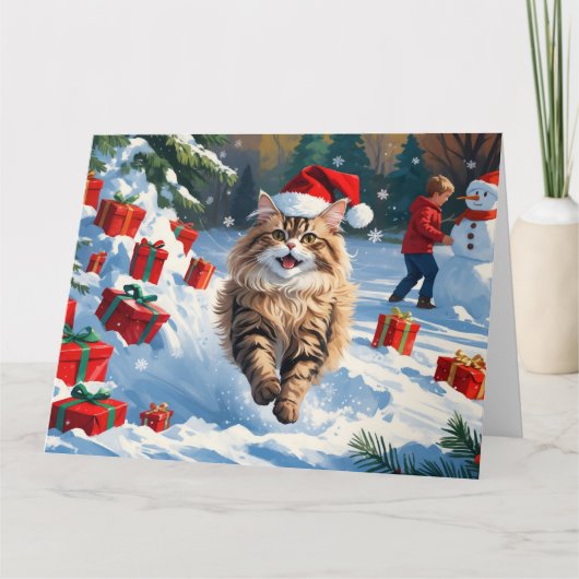 クリスマス帽子をかぶって雪に座るペルシャ猫 カード (正面)
