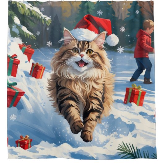 クリスマス帽子をかぶって雪に座るペルシャ猫 シャワーカーテン (正面)