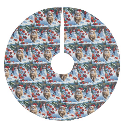 クリスマス帽子をかぶって雪に座るペルシャ猫 ブラッシュドポリエステルツリースカート (正面)