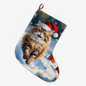 クリスマス帽子をかぶって雪に座るペルシャ猫 ラージクリスマスストッキング (正面 (吊り時))